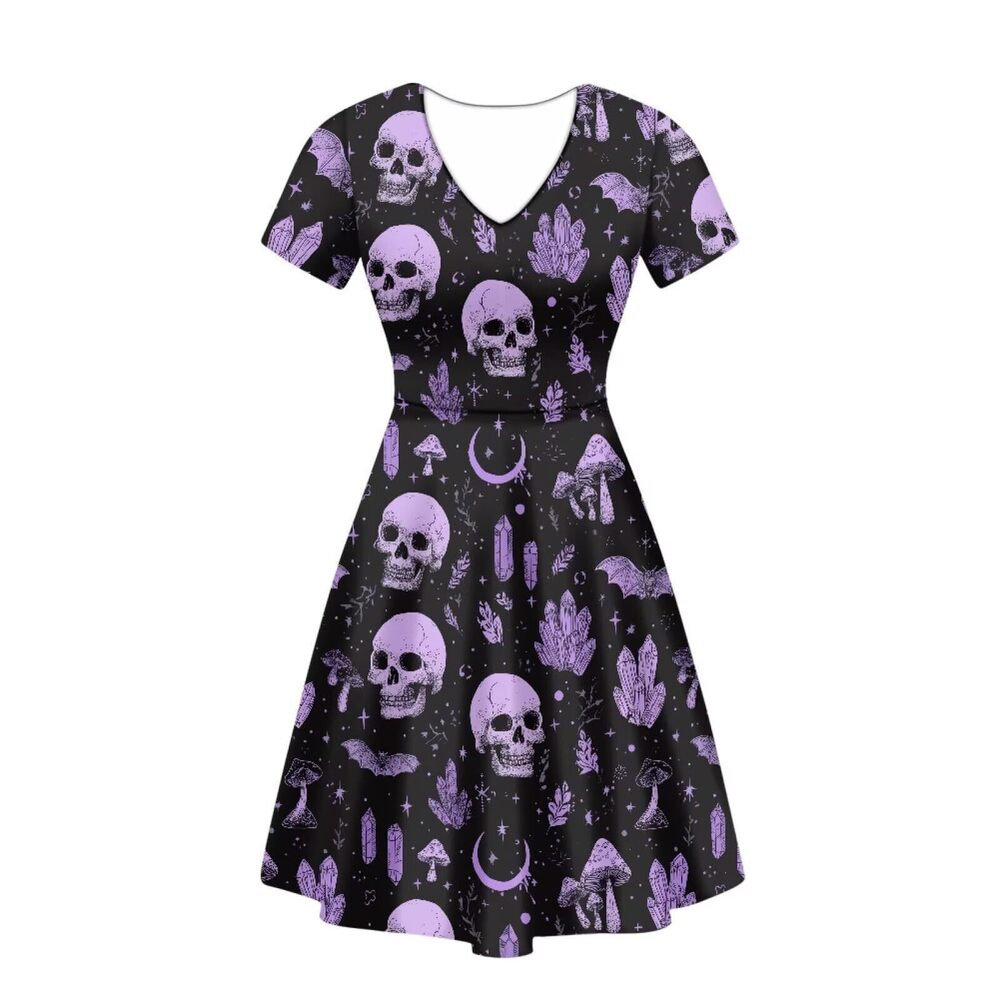 4679 Gothic Skull Flowy Dresses for Womem Halloween A Line Twirly Dress